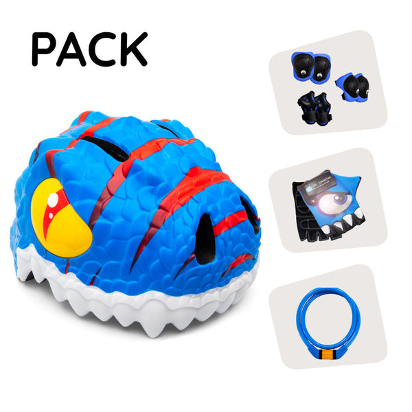 Product bundle: Blue dino bike helmet, protective gear, lock, and cycling gloves for kids.