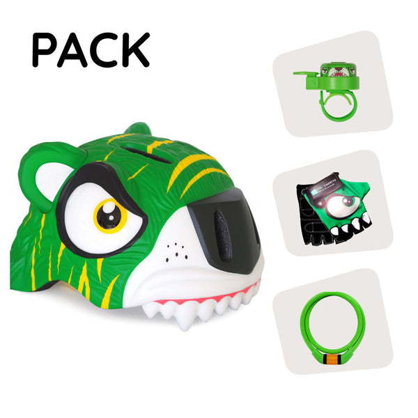 Product bundle: Green tiger bike helmet, cycling gloves, lock, and tiger bell for children