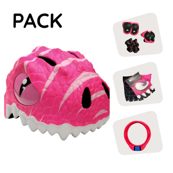 Product bundle: Pink dino bike helmet, protective gear, lock, and cycling gloves for kids.