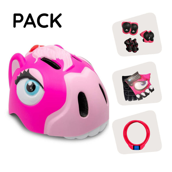 Product bundle: Pink pony bicycle helmet, protective gear, lock, and bicycle gloves for children