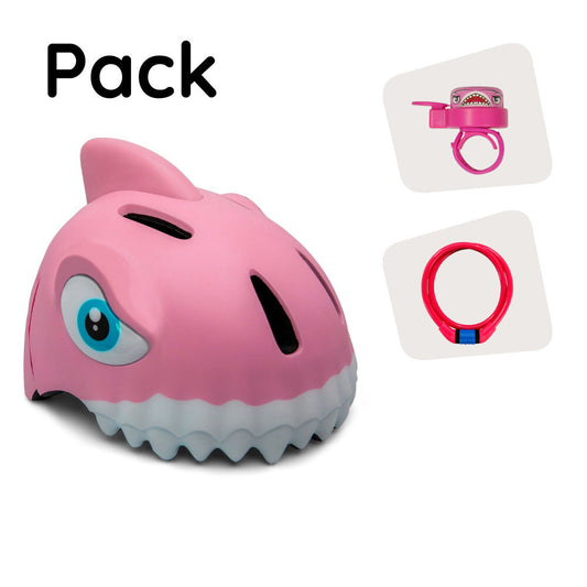 Produktpaket: Pink Shark Fahrradhelm, Schloss und Shark Klingel für Kinder 