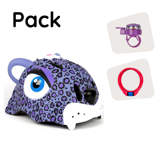 Produktpaket: Purple Leopard Fahrradhelm, Schloss und Leopard Klingel für Kinder 