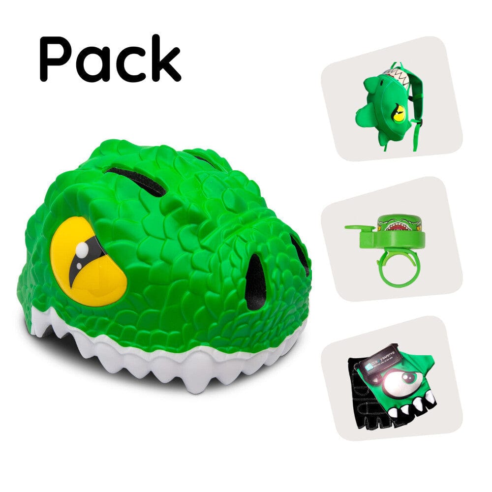 Crazy Safety Bicycle helmet Product bundle: Green crocodile bike helmet, backpack, cycling gloves & bell.