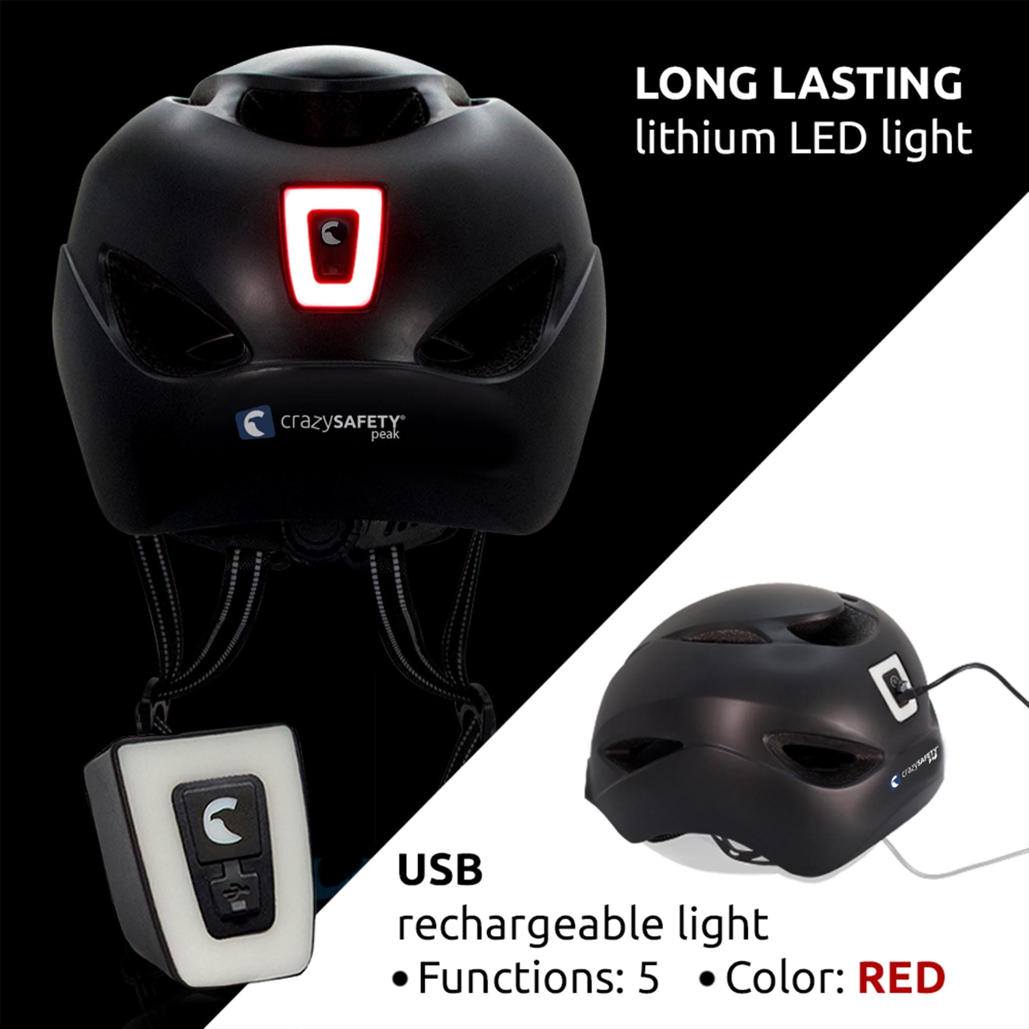 Black aero bike helmet with long-lasting lithium led light 