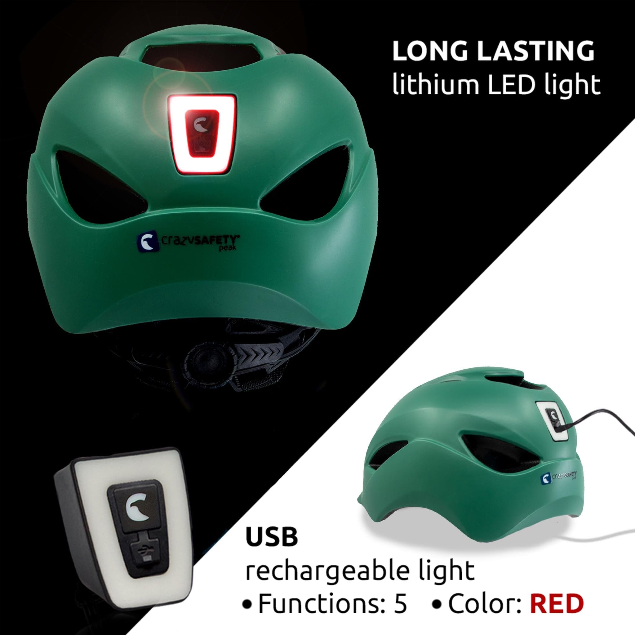 Green aero bike helmet with long-lasting lithium led light 